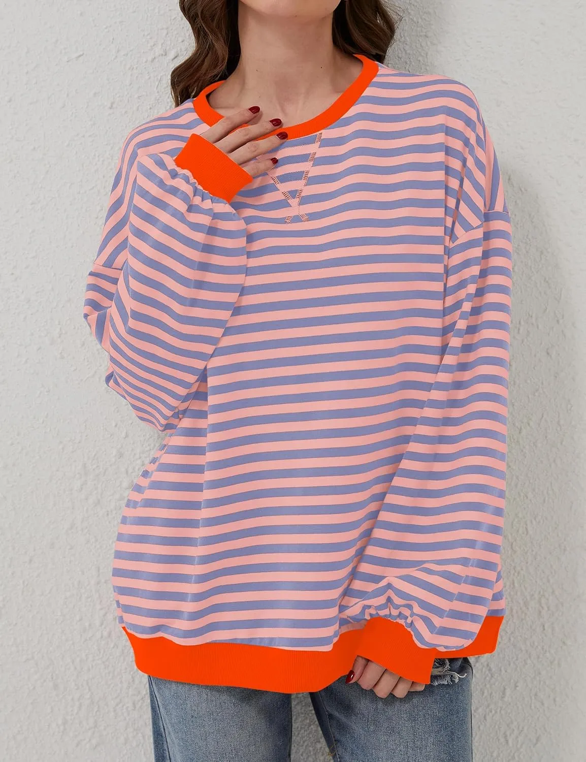 Women Oversized Striped Long Sleeve Sweatshirt Casual Crew Neck Drop Shoulder Relaxed Fit Pullover Shirt Top