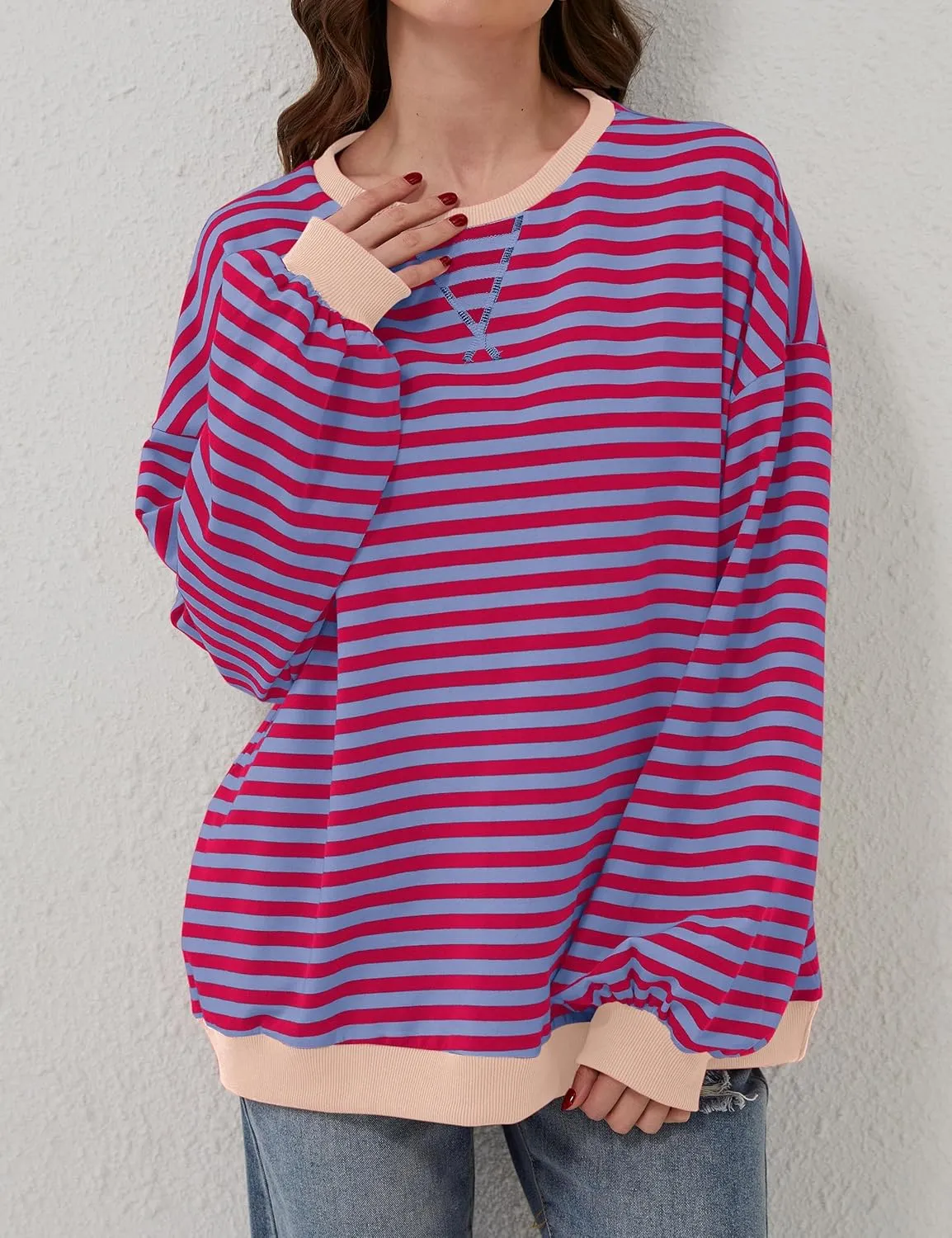 Women Oversized Striped Long Sleeve Sweatshirt Casual Crew Neck Drop Shoulder Relaxed Fit Pullover Shirt Top