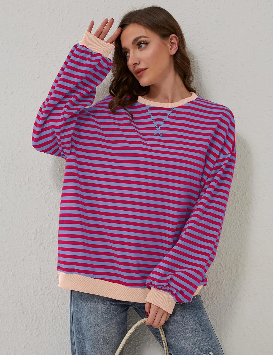 Women Oversized Striped Long Sleeve Sweatshirt Casual Crew Neck Drop Shoulder Relaxed Fit Pullover Shirt Top