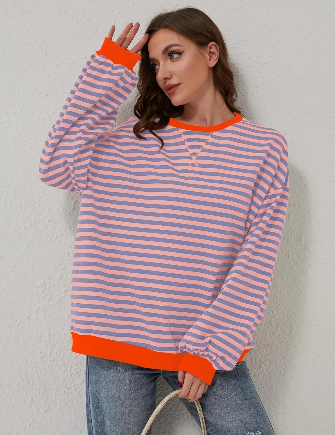 Women Oversized Striped Long Sleeve Sweatshirt Casual Crew Neck Drop Shoulder Relaxed Fit Pullover Shirt Top