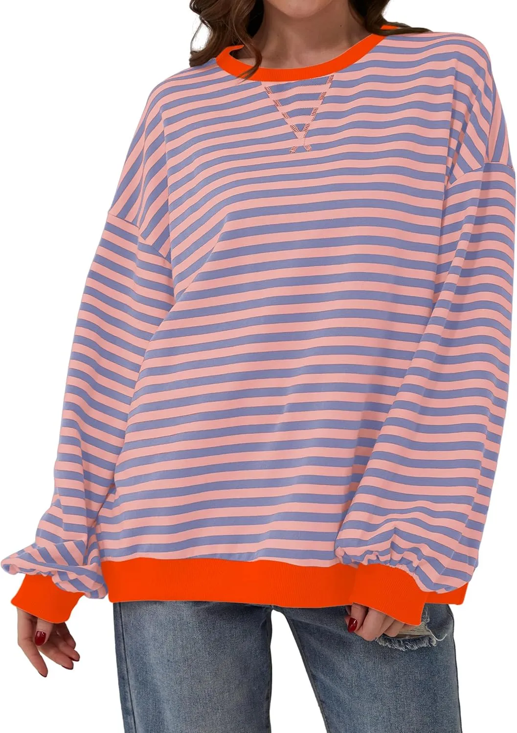 Women Oversized Striped Long Sleeve Sweatshirt Casual Crew Neck Drop Shoulder Relaxed Fit Pullover Shirt Top