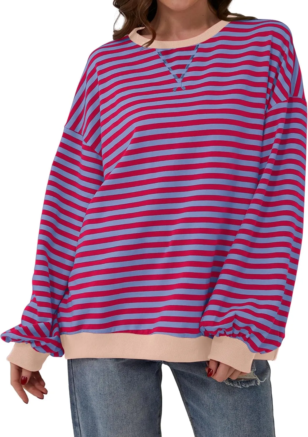 Women Oversized Striped Long Sleeve Sweatshirt Casual Crew Neck Drop Shoulder Relaxed Fit Pullover Shirt Top