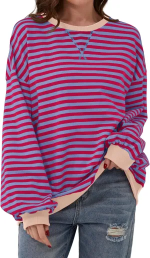 Women Oversized Striped Long Sleeve Sweatshirt Casual Crew Neck Drop Shoulder Relaxed Fit Pullover Shirt Top