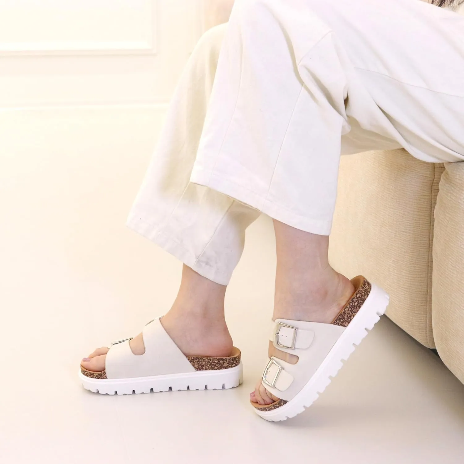 Women Platform Sandals, Arch Support Slides with Adjustable Buckle Straps, Open-Toe Wedge Chunky Sandals for Summer Size 5-10