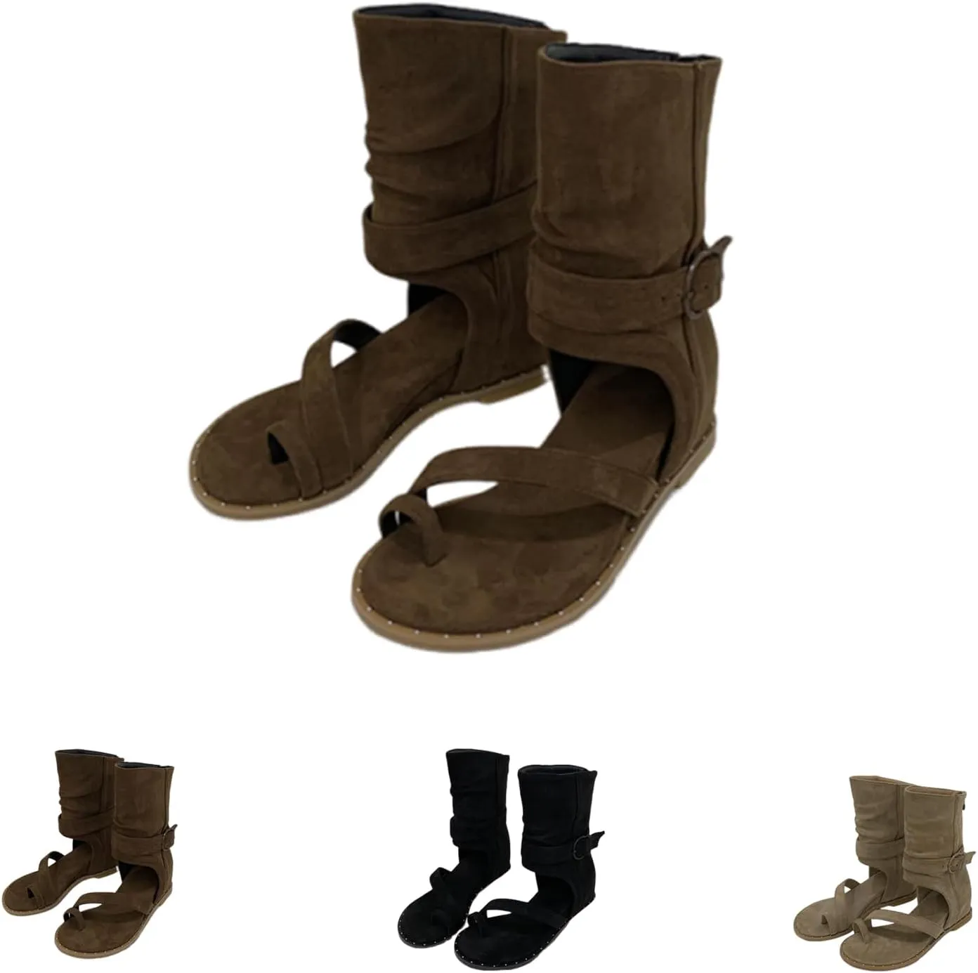 Women Retro High Top Flat Gladiator Wedge Sandals Peep Back Zip with Toe Ring Calf Boots Sandal Casual Summer Roman Shoes