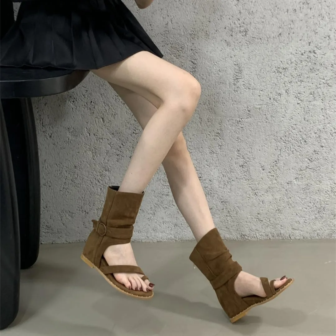 Women Retro High Top Flat Gladiator Wedge Sandals Peep Back Zip with Toe Ring Calf Boots Sandal Casual Summer Roman Shoes