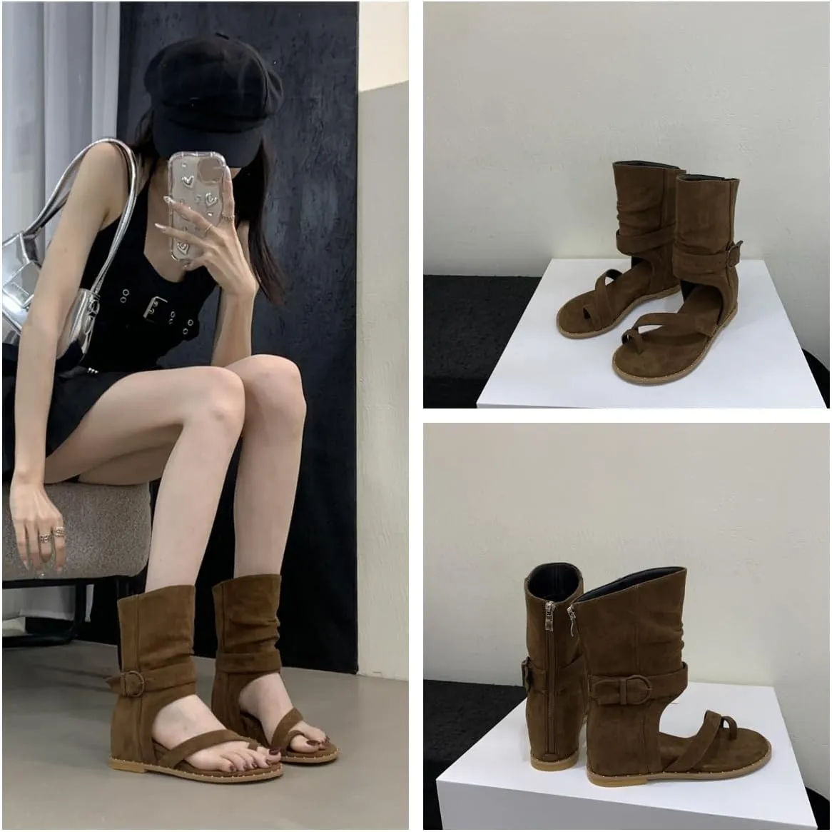 Women Retro High Top Flat Gladiator Wedge Sandals Peep Back Zip with Toe Ring Calf Boots Sandal Casual Summer Roman Shoes