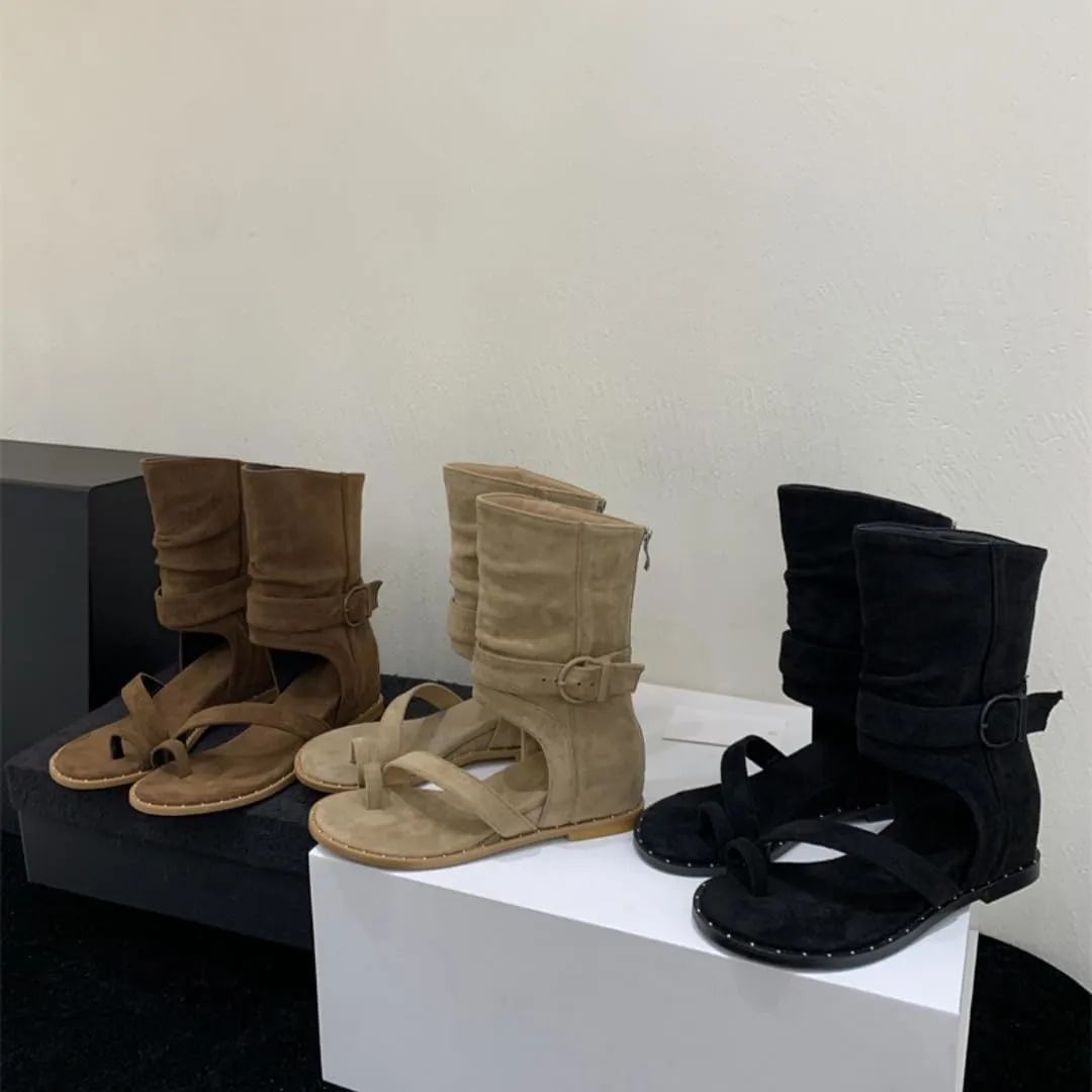 Women Retro High Top Flat Gladiator Wedge Sandals Peep Back Zip with Toe Ring Calf Boots Sandal Casual Summer Roman Shoes