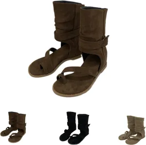 Women Retro High Top Flat Gladiator Wedge Sandals Peep Back Zip with Toe Ring Calf Boots Sandal Casual Summer Roman Shoes