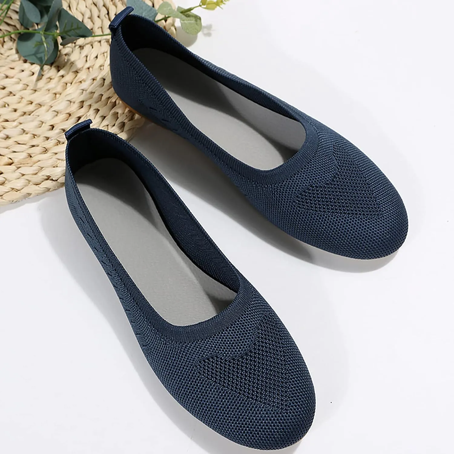 Women’s Ballet Flats Knit Dress Shoes Round Toe Slip On Walking Flats Shoes for Woman Low Wedge Comfort Soft Sandals
