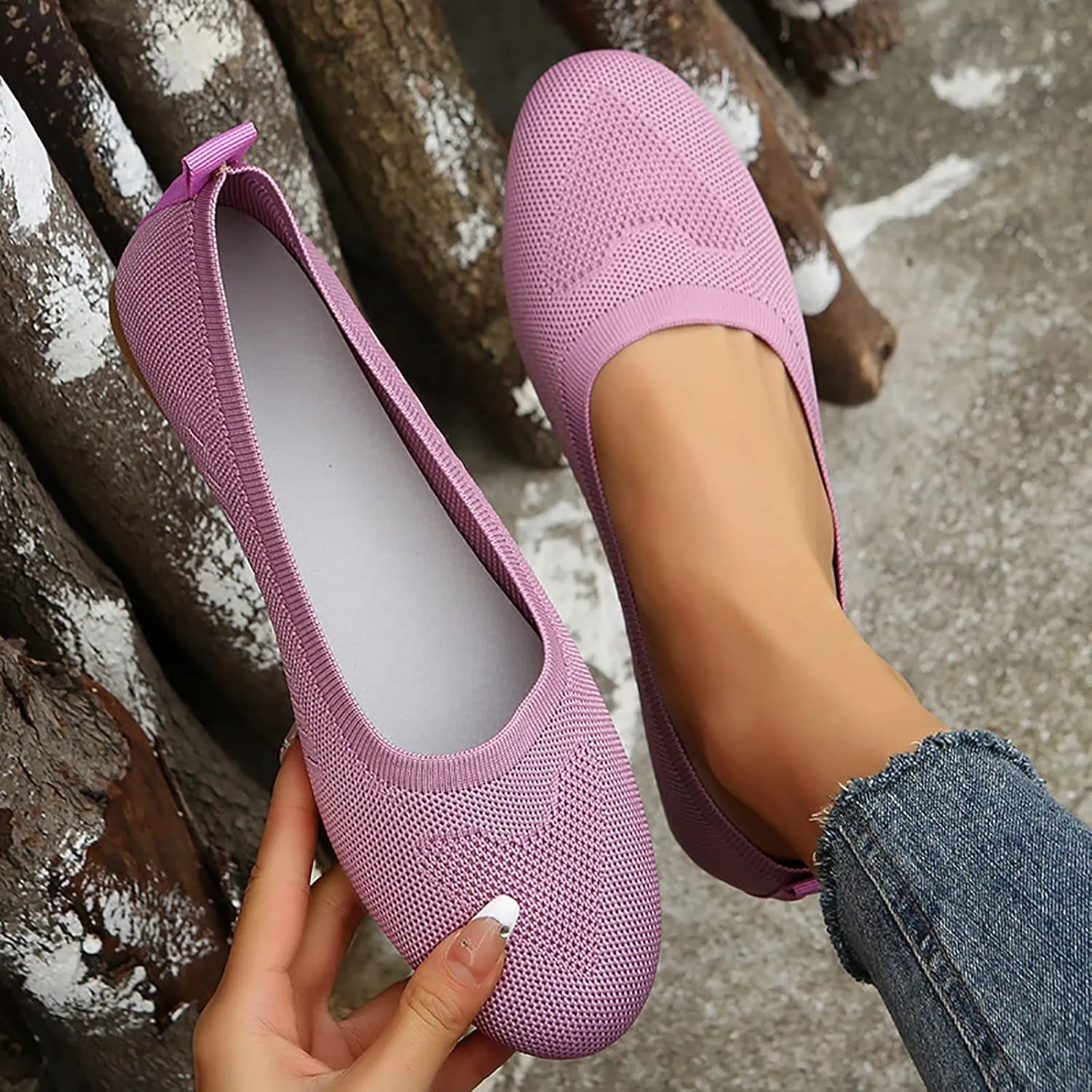 Women’s Ballet Flats Knit Dress Shoes Round Toe Slip On Walking Flats Shoes for Woman Low Wedge Comfort Soft Sandals