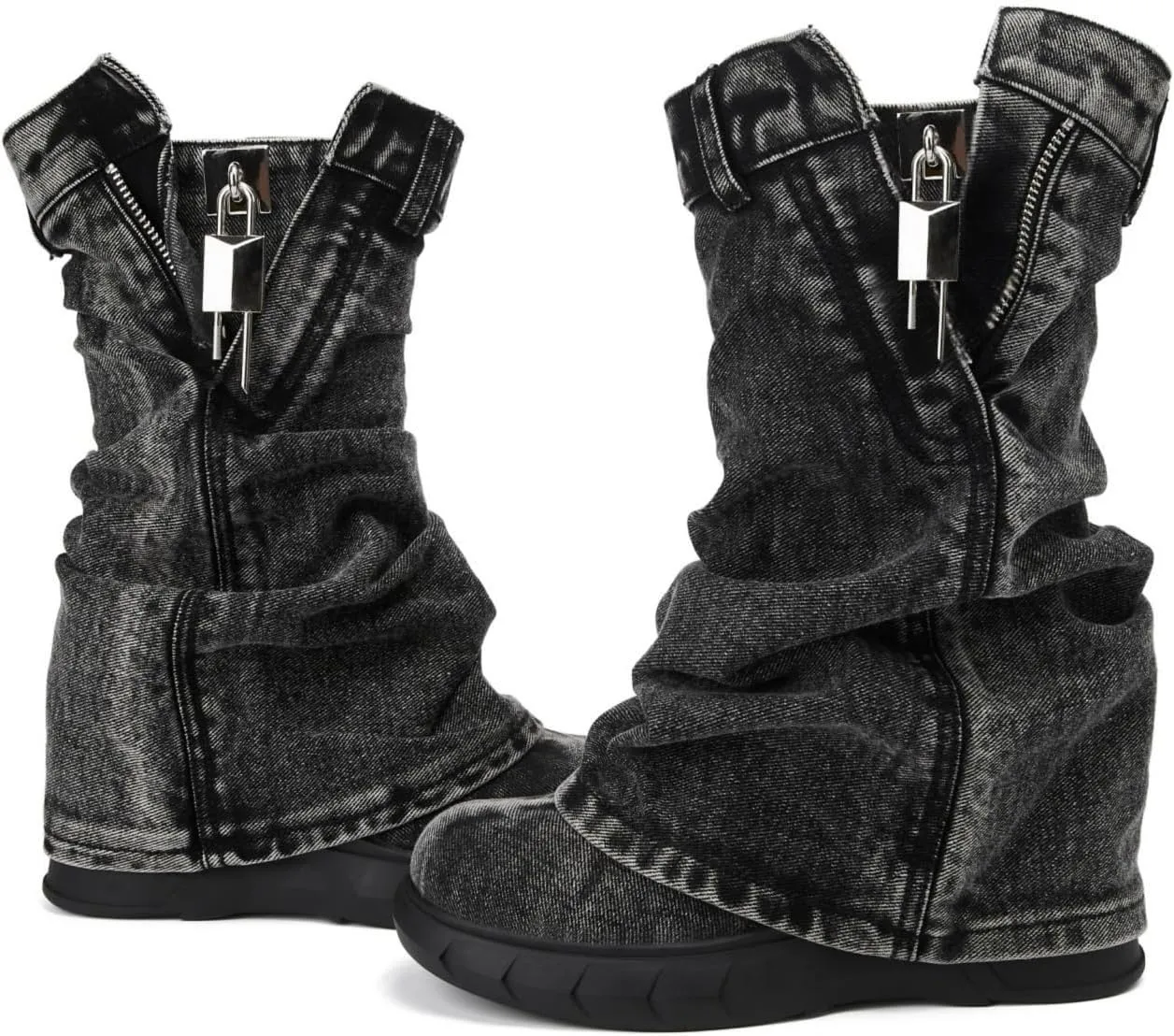 Women's Boots Thick Bottom Western Cowboy Round Toe Padlock Folding Boots for women Vintage Fashion Heightened Platform Mid Calf Booties
