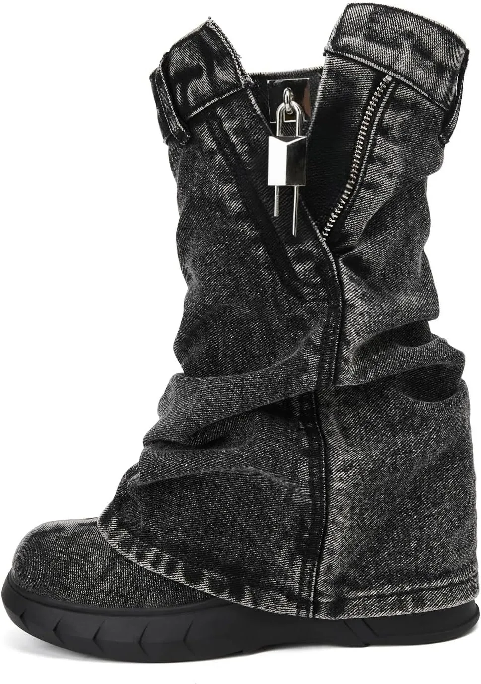 Women's Boots Thick Bottom Western Cowboy Round Toe Padlock Folding Boots for women Vintage Fashion Heightened Platform Mid Calf Booties