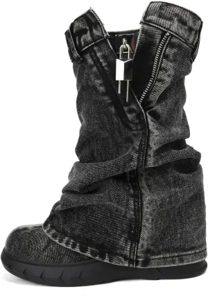 Women's Boots Thick Bottom Western Cowboy Round Toe Padlock Folding Boots for women Vintage Fashion Heightened Platform Mid Calf Booties