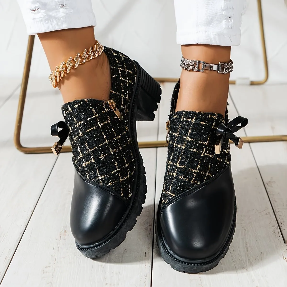 Women's Bow Embellished Chunky Chunky Heel Single Shoes,Side Zip Boots,Comfortable Ankle Boots