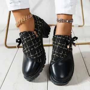 Women's Bow Embellished Chunky Chunky Heel Single Shoes,Side Zip Boots,Comfortable Ankle Boots