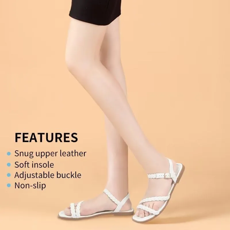 Women's Braided Flat Sandals - Comfortable Cute Square Open Toe Slingback Summer Shoes with Adjustable Ankle Buckle