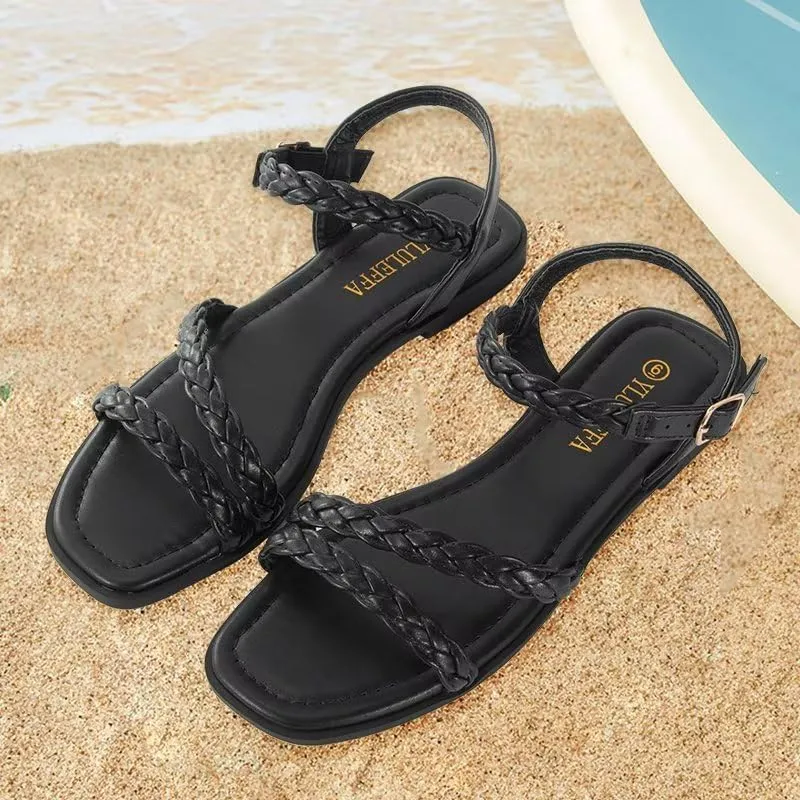 Women's Braided Flat Sandals - Comfortable Cute Square Open Toe Slingback Summer Shoes with Adjustable Ankle Buckle