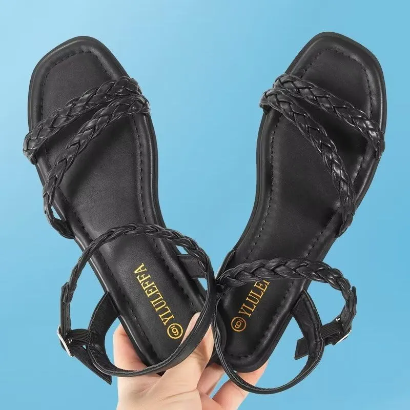 Women's Braided Flat Sandals - Comfortable Cute Square Open Toe Slingback Summer Shoes with Adjustable Ankle Buckle