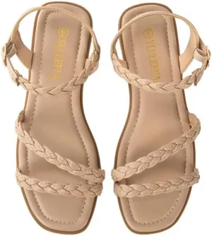Women's Braided Flat Sandals - Comfortable Cute Square Open Toe Slingback Summer Shoes with Adjustable Ankle Buckle