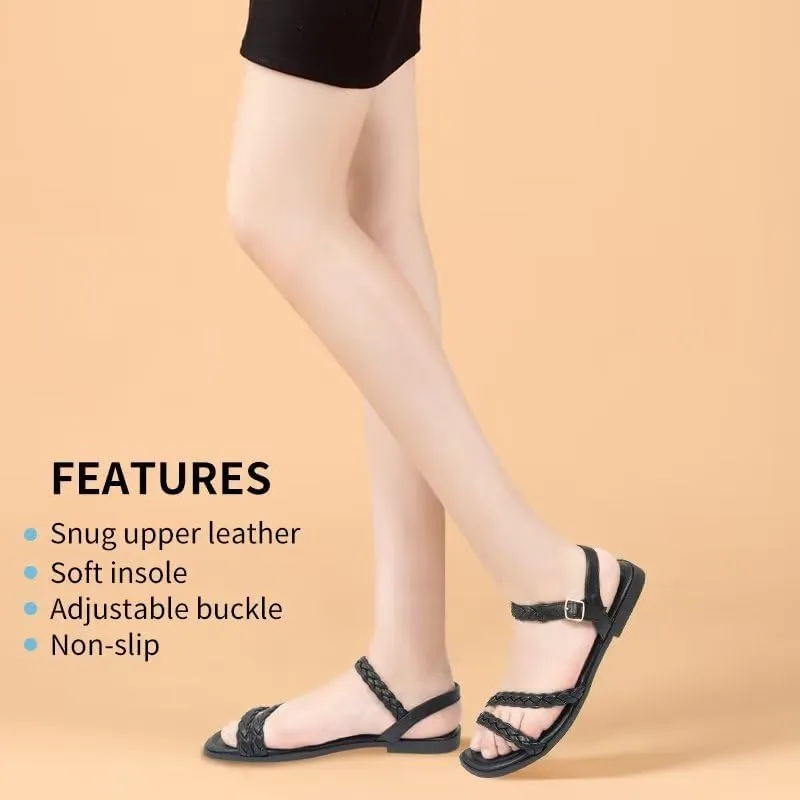 Women's Braided Flat Sandals - Comfortable Cute Square Open Toe Slingback Summer Shoes with Adjustable Ankle Buckle