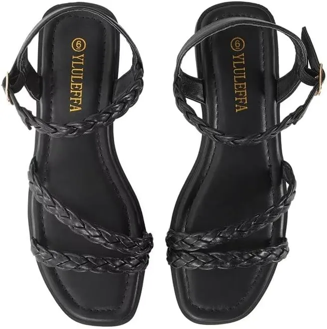 Women's Braided Flat Sandals - Comfortable Cute Square Open Toe Slingback Summer Shoes with Adjustable Ankle Buckle