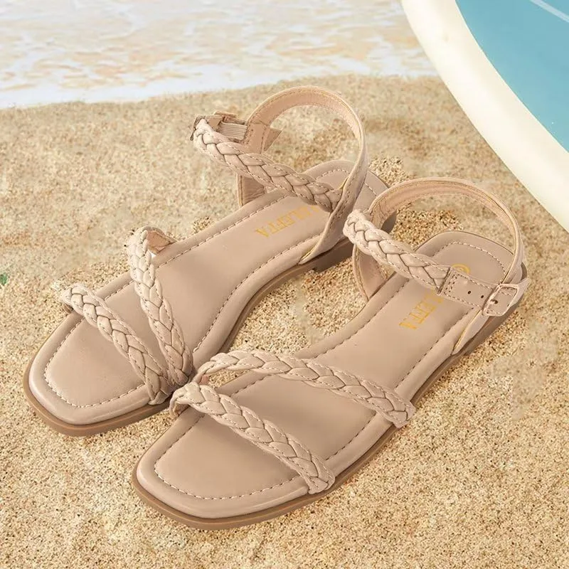 Women's Braided Flat Sandals - Comfortable Cute Square Open Toe Slingback Summer Shoes with Adjustable Ankle Buckle