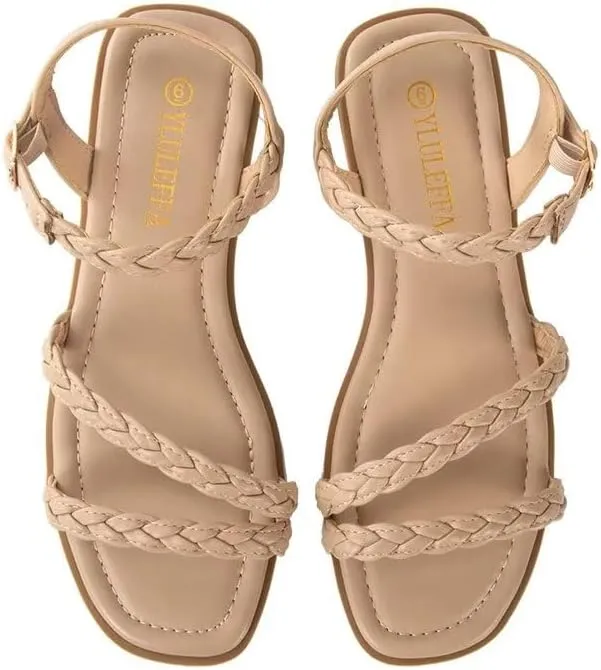 Women's Braided Flat Sandals - Comfortable Cute Square Open Toe Slingback Summer Shoes with Adjustable Ankle Buckle