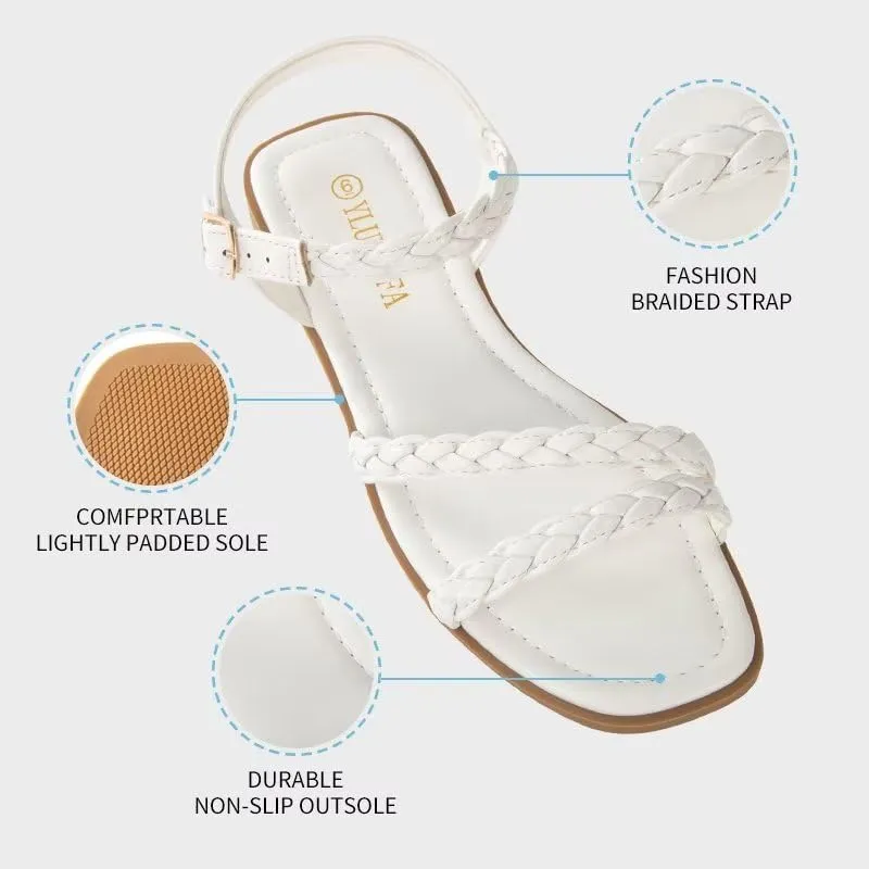 Women's Braided Flat Sandals - Comfortable Cute Square Open Toe Slingback Summer Shoes with Adjustable Ankle Buckle