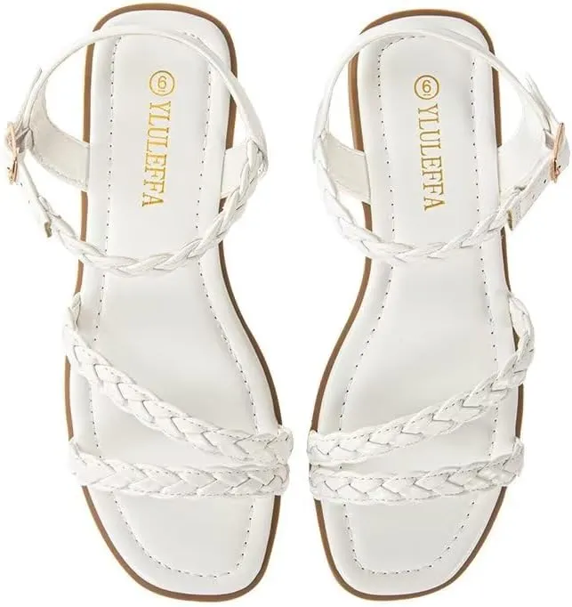Women's Braided Flat Sandals - Comfortable Cute Square Open Toe Slingback Summer Shoes with Adjustable Ankle Buckle