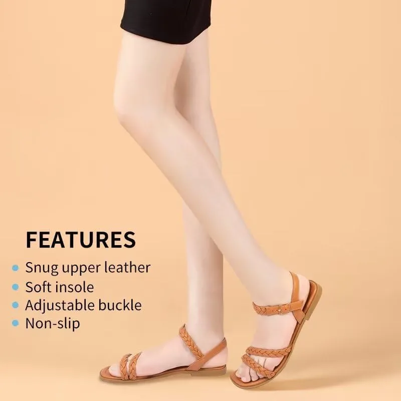 Women's Braided Flat Sandals - Comfortable Cute Square Open Toe Slingback Summer Shoes with Adjustable Ankle Buckle
