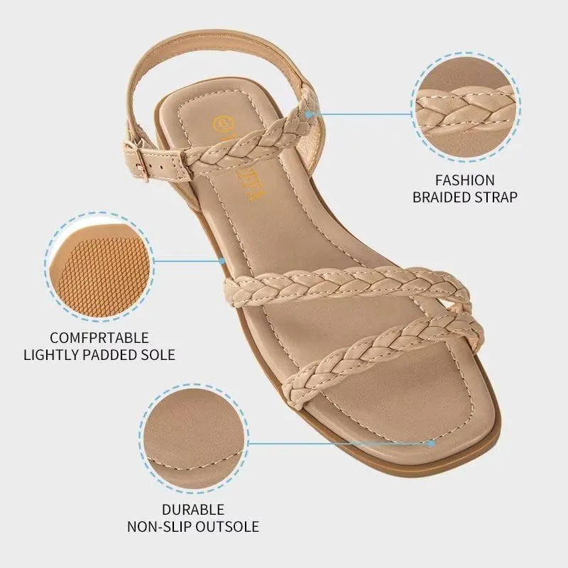 Women's Braided Flat Sandals - Comfortable Cute Square Open Toe Slingback Summer Shoes with Adjustable Ankle Buckle
