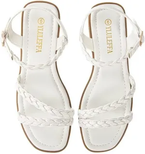 Women's Braided Flat Sandals - Comfortable Cute Square Open Toe Slingback Summer Shoes with Adjustable Ankle Buckle