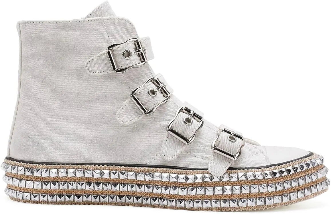 Womens Buckle High-Top Canvas Sneakers Studded Rhinestone Side Shoes Buckle Fashion Shoes Casual Platform Boots
