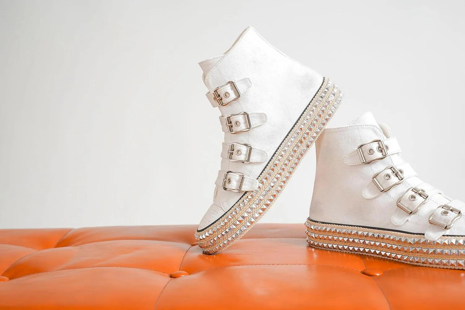 Womens Buckle High-Top Canvas Sneakers Studded Rhinestone Side Shoes Buckle Fashion Shoes Casual Platform Boots
