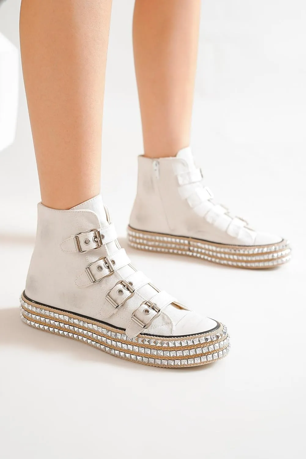 Womens Buckle High-Top Canvas Sneakers Studded Rhinestone Side Shoes Buckle Fashion Shoes Casual Platform Boots