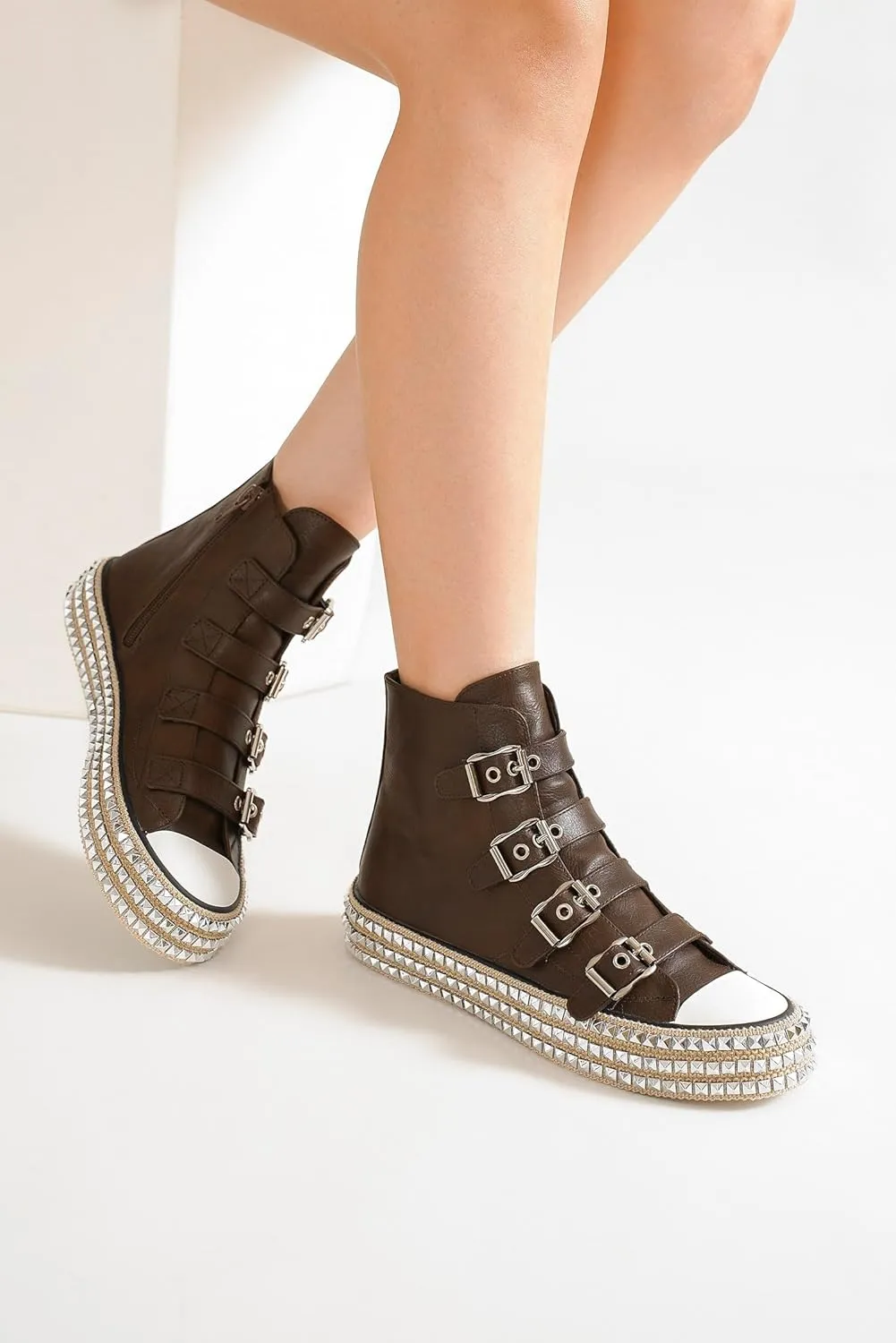 Womens Buckle High-Top Canvas Sneakers Studded Rhinestone Side Shoes Buckle Fashion Shoes Casual Platform Boots