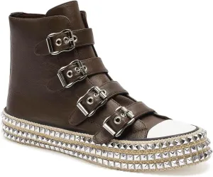 Womens Buckle High-Top Canvas Sneakers Studded Rhinestone Side Shoes Buckle Fashion Shoes Casual Platform Boots