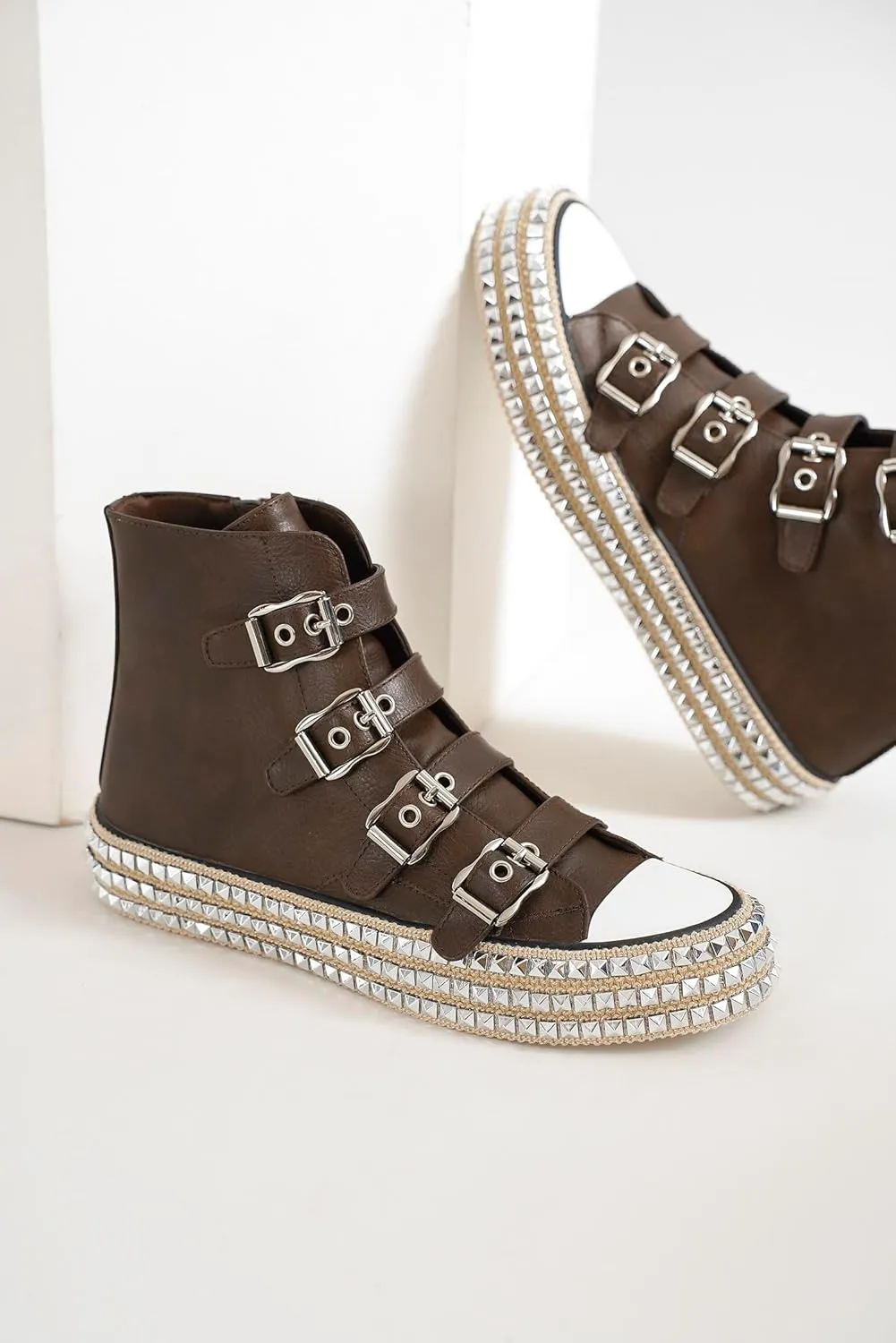 Womens Buckle High-Top Canvas Sneakers Studded Rhinestone Side Shoes Buckle Fashion Shoes Casual Platform Boots