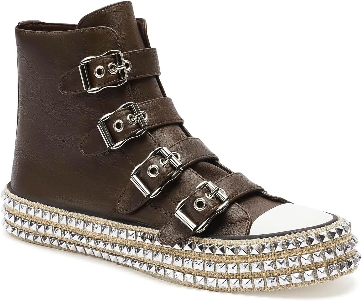 Womens Buckle High-Top Canvas Sneakers Studded Rhinestone Side Shoes Buckle Fashion Shoes Casual Platform Boots