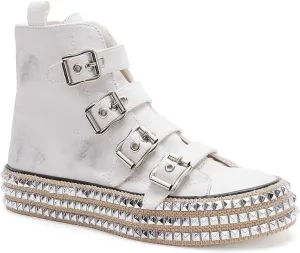 Womens Buckle High-Top Canvas Sneakers Studded Rhinestone Side Shoes Buckle Fashion Shoes Casual Platform Boots