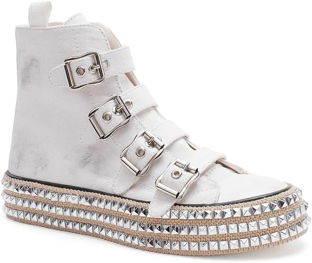 Womens Buckle High-Top Canvas Sneakers Studded Rhinestone Side Shoes Buckle Fashion Shoes Casual Platform Boots