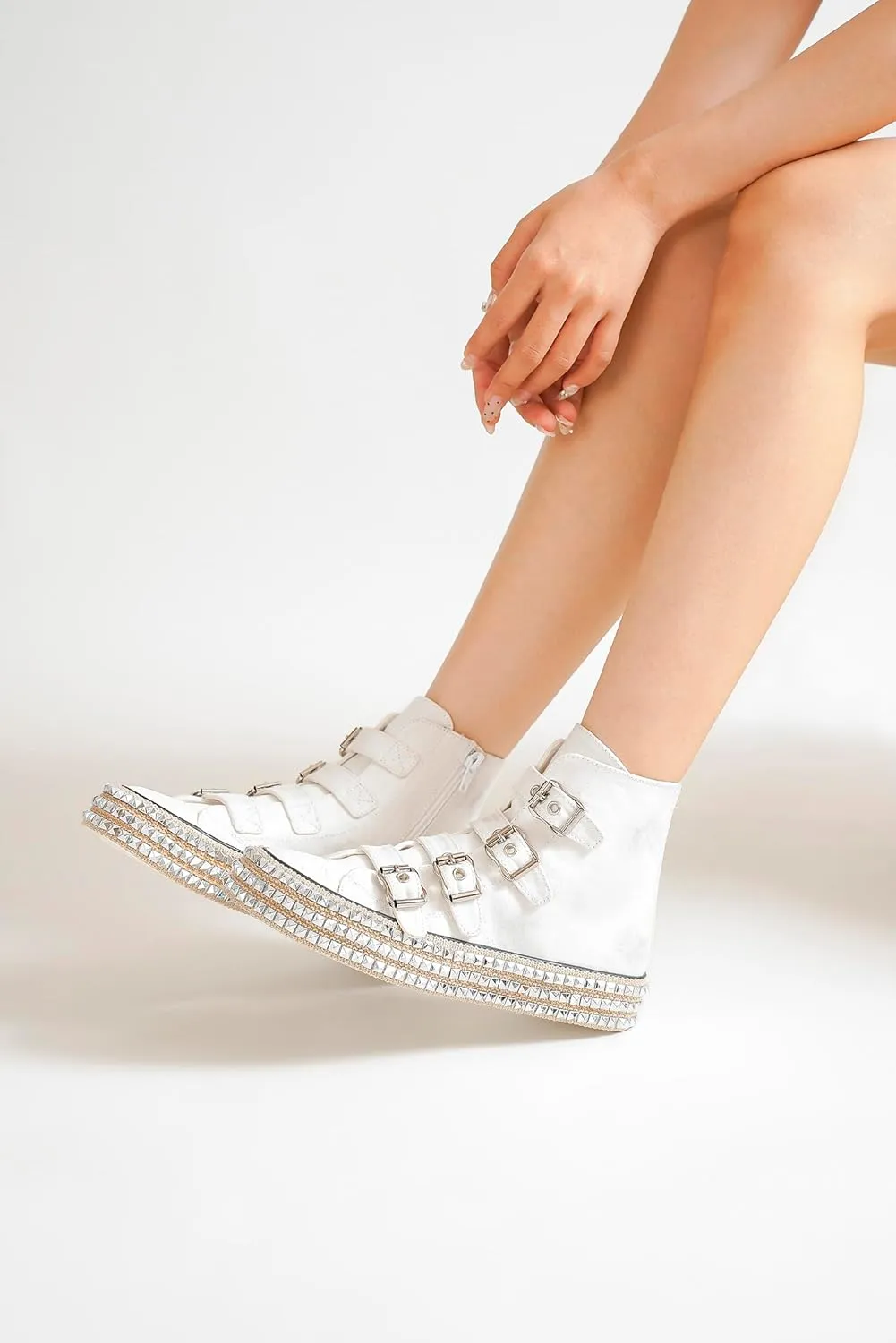 Womens Buckle High-Top Canvas Sneakers Studded Rhinestone Side Shoes Buckle Fashion Shoes Casual Platform Boots