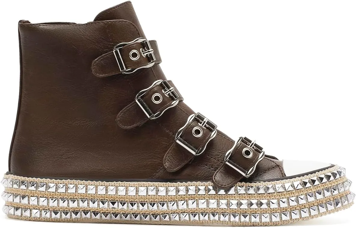Womens Buckle High-Top Canvas Sneakers Studded Rhinestone Side Shoes Buckle Fashion Shoes Casual Platform Boots