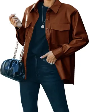 Womens Button Front Faux PU Leather Jacket Shacket Casual Shirt Long Sleeve Blazer Coat with Bust Pocket