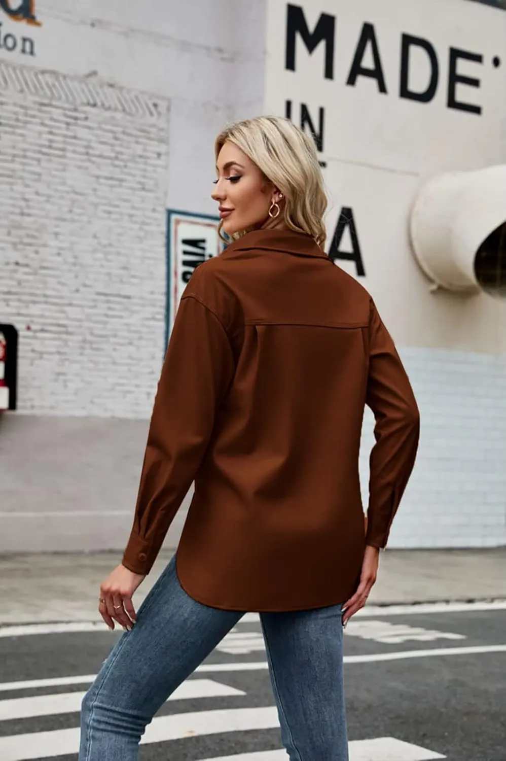 Womens Button Front Faux PU Leather Jacket Shacket Casual Shirt Long Sleeve Blazer Coat with Bust Pocket