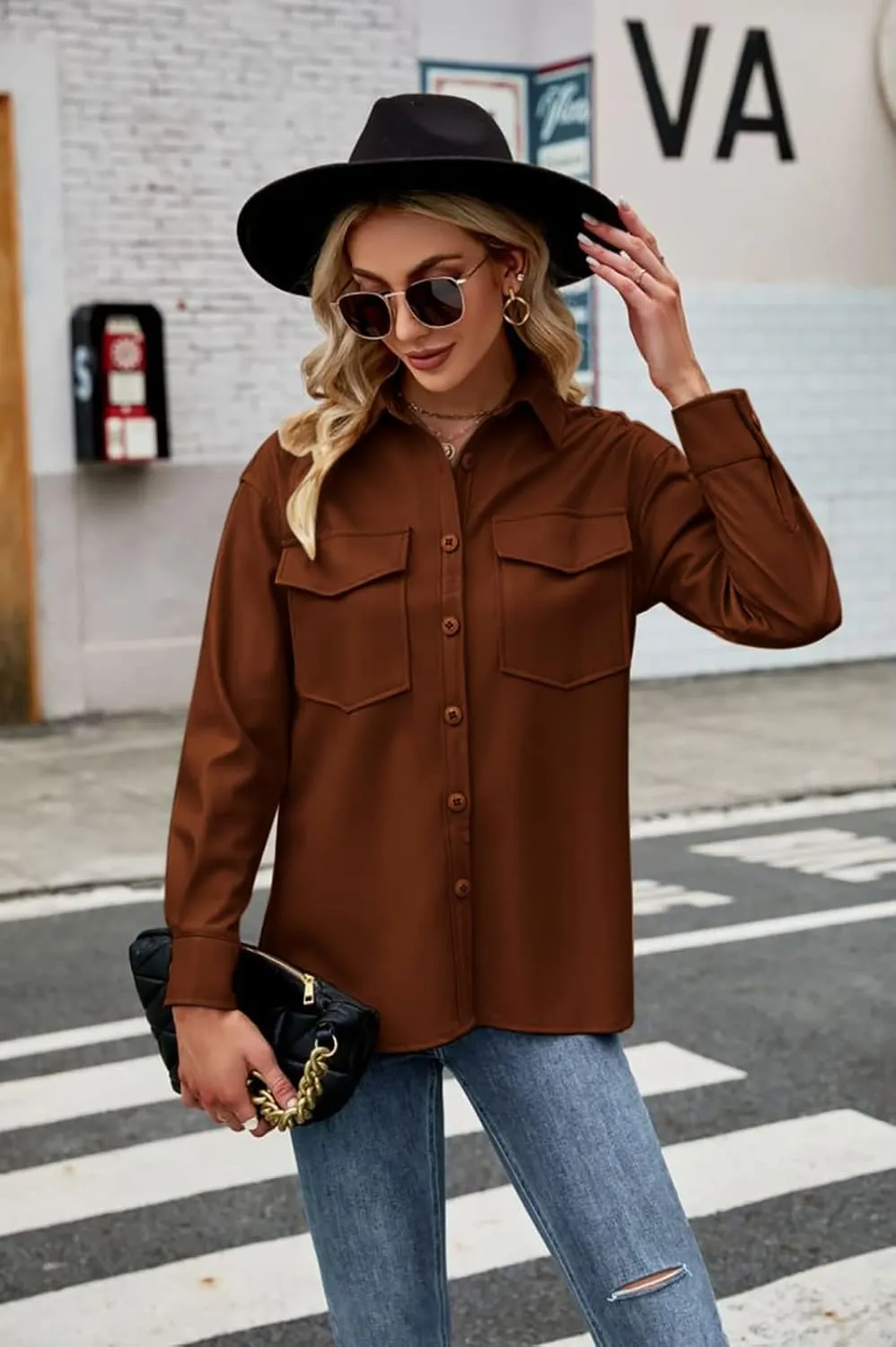 Womens Button Front Faux PU Leather Jacket Shacket Casual Shirt Long Sleeve Blazer Coat with Bust Pocket