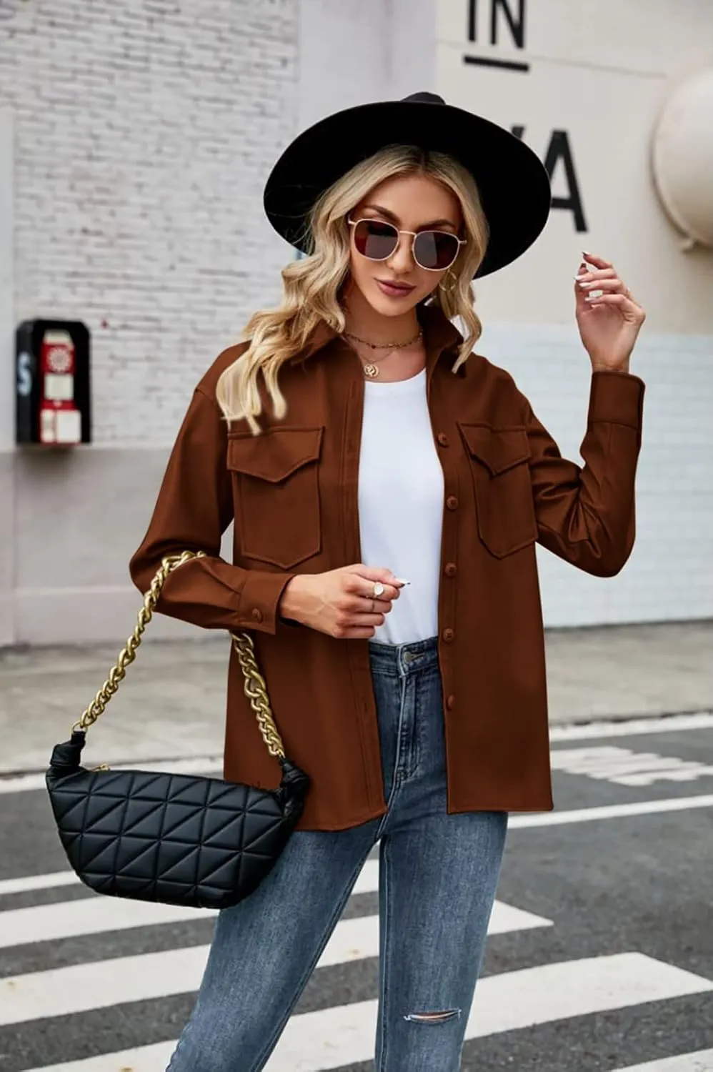 Womens Button Front Faux PU Leather Jacket Shacket Casual Shirt Long Sleeve Blazer Coat with Bust Pocket