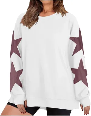 Women's Casual Loose Color Matching Round Neck Long Sleeved T-shirt ，Loose Top Long Sleeved Round Neck Star Tops