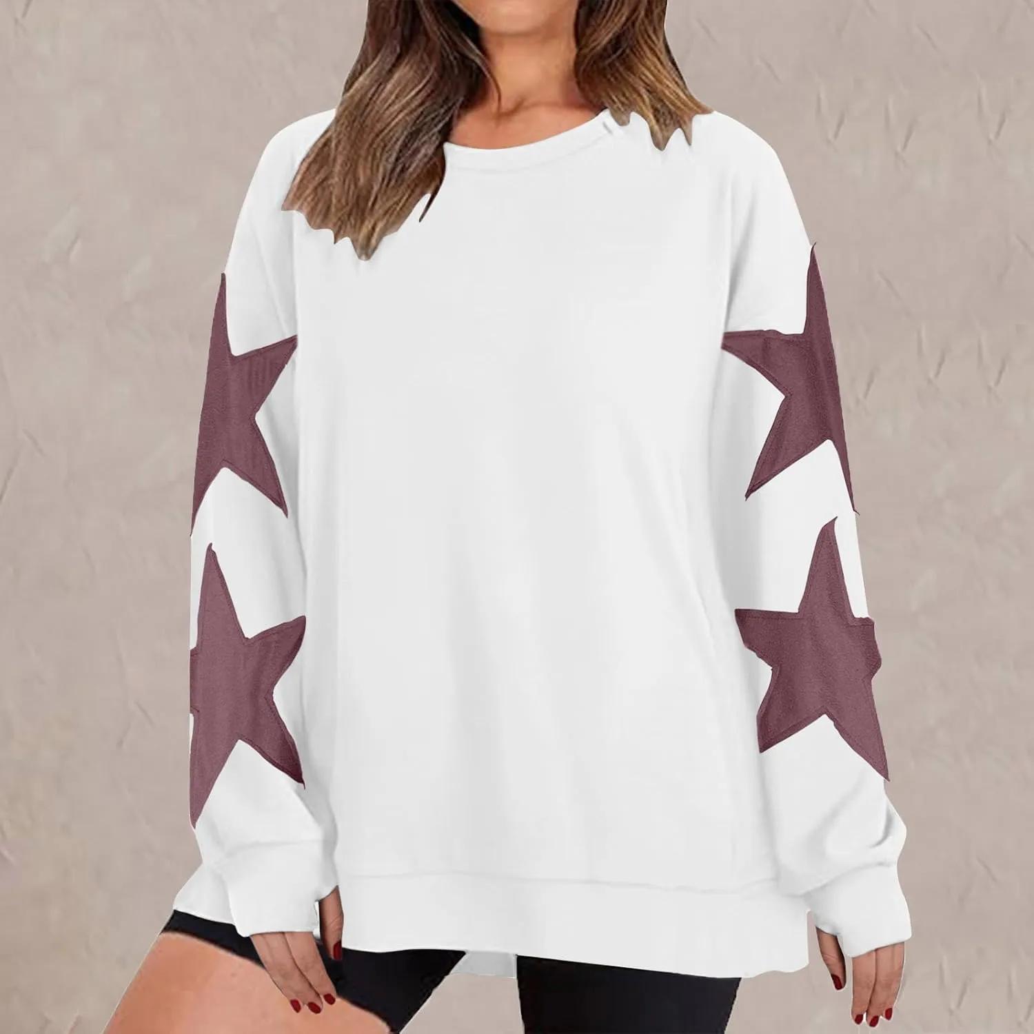 Women's Casual Loose Color Matching Round Neck Long Sleeved T-shirt ，Loose Top Long Sleeved Round Neck Star Tops